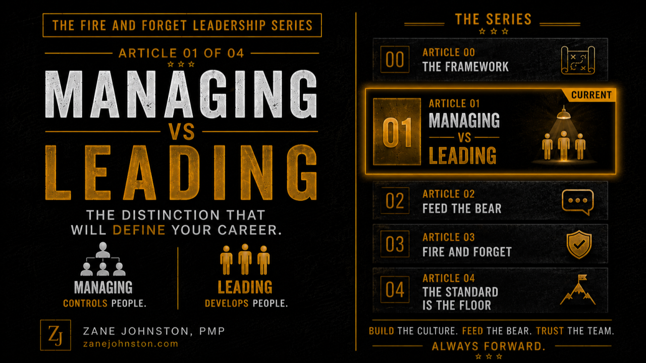 Article 01 cover: Managing vs Leading